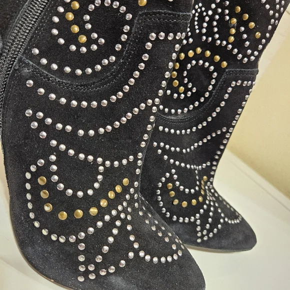 Aldo Jodetha Black Suede Ankle Bootie Heeled Boots 8.5 Silver Blonze Studs - Picture 10 of 12